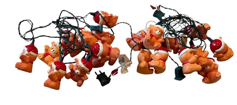 2 Strands VTG Teddy Bear Santa Hat Plastic Blow Mold String Lights Working